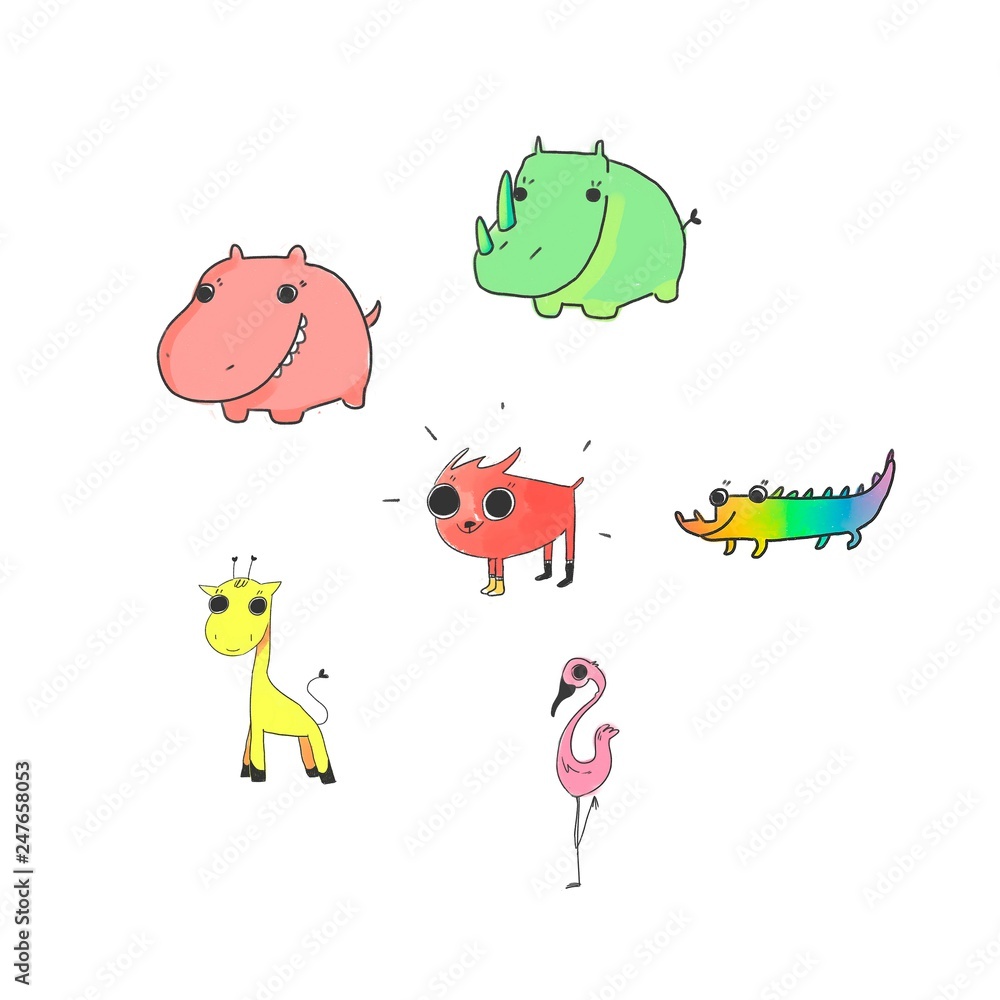 Obraz premium Colorful Cute Cartoon Happy set doodle animal isolated in white background. Cat Dog Hippo Rhino Crocodile. Cute characters for t-shirt printing