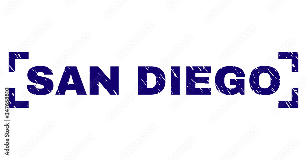 SAN DIEGO text seal imprint with corroded texture. Text caption is placed between corners. Blue vector rubber print of SAN DIEGO with corroded texture.