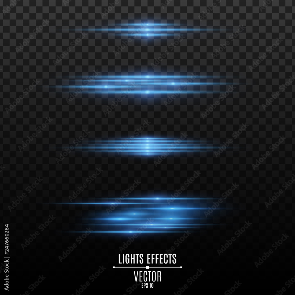 Set of blue light effects on a transparent background. Flashes and glares. Neon rays of light. Glowing blurred lines in motion. Vector illustration