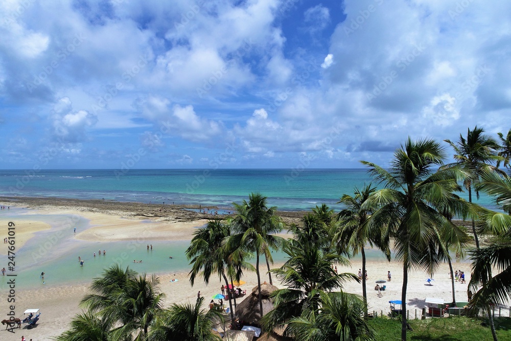 Aerial view of Carneiros’s Beach, Pernambuco, Brazil: Vacation in the paradisiac beach with blue sky and crystal water. Fantastic beach view. Great landscape. Travel scene. Vacation scene