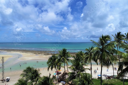 Aerial view of Carneiros’s Beach, Pernambuco, Brazil: Vacation in the paradisiac beach with blue sky and crystal water. Fantastic beach view. Great landscape. Travel scene. Vacation scene