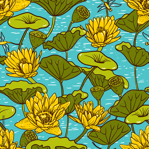 Elegant Yellow Water Lilies, Nymphaea seamless floral pattern