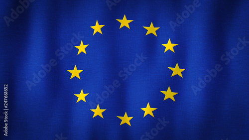 European Union flag waving in the wind. Closeup of realistic EU flag with highly detailed fabric texture