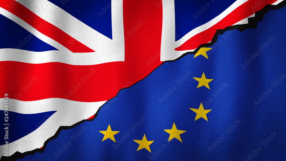 Brexit Union Jack and EU splitted flag waving in the wind. Closeup of realistic brexit concept flag with highly detailed fabric texture Brexit Union Jack and EU splitted flag waving in the wind. Closeup of realistic brexit concept flag with highly detailed fabric texture