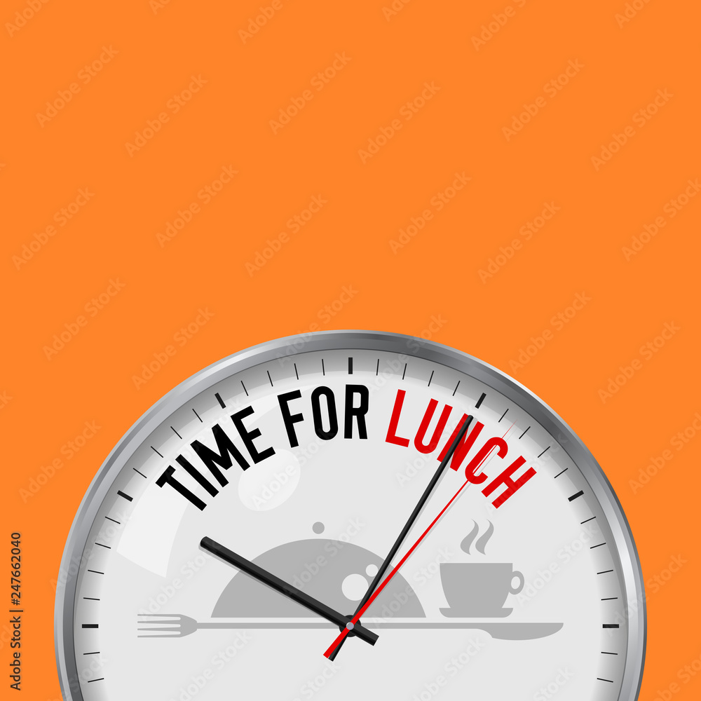 Time for Lunch. White Vector Clock with Motivational Slogan. Analog Metal Watch with Glass. Meal Tray Icon Time for Lunch. White Vector Clock with Motivational Slogan. Analog Metal Watch with Glass. Meal Tray Icon
