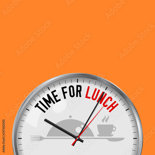 Time for Lunch. White Vector Clock with Motivational Slogan. Analog Metal Watch with Glass. Meal Tray Icon