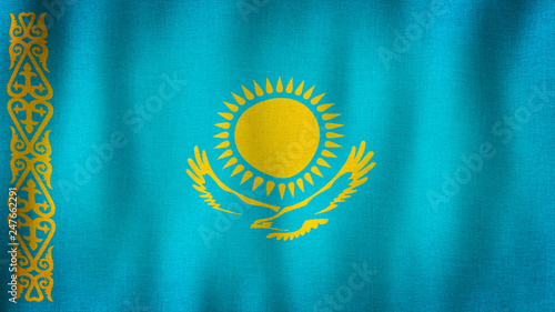 Kazakhstan flag waving in the wind. Closeup of realistic Kazakh flag with highly detailed fabric texture