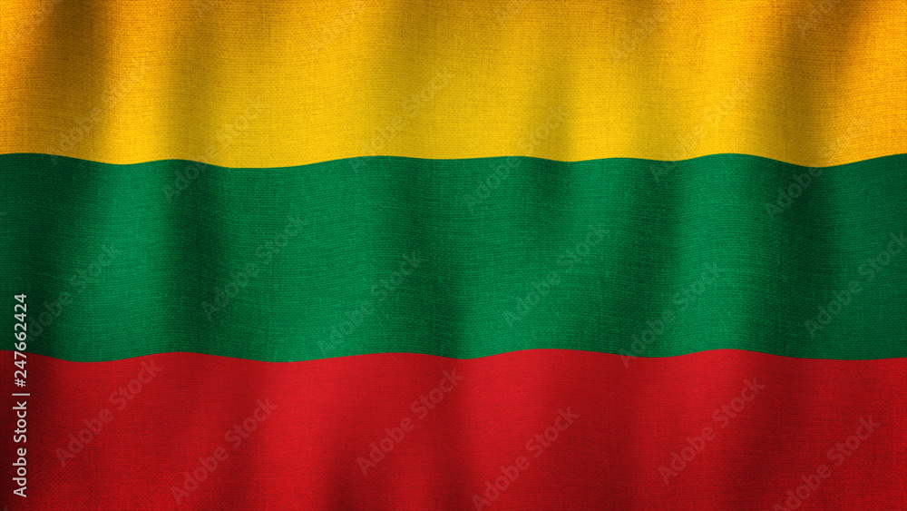Fototapeta premium Lithuania flag waving in the wind. Closeup of realistic Lithuanian flag with highly detailed fabric texture