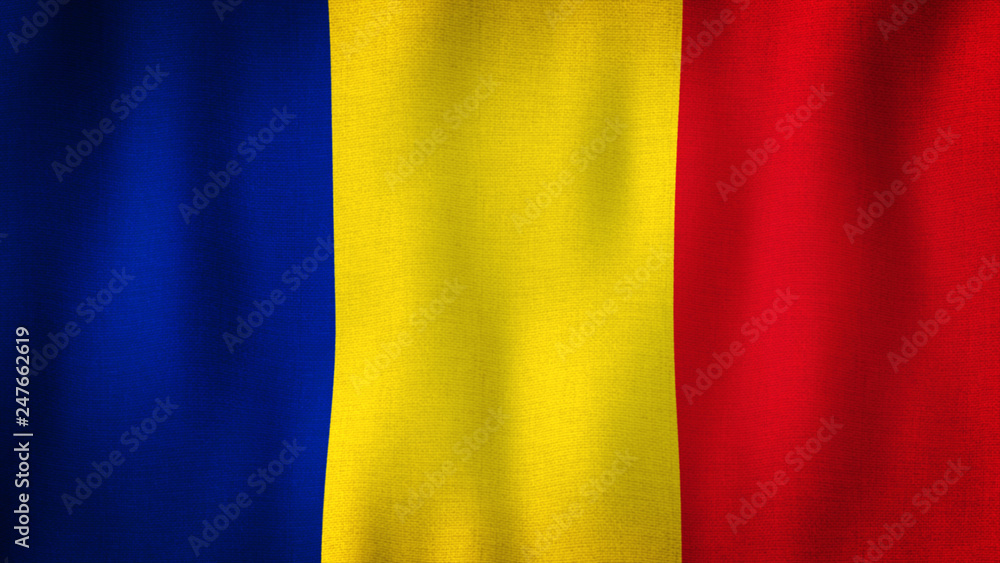 Obraz premium Romania flag waving in the wind. Closeup of realistic Romanian flag with highly detailed fabric texture