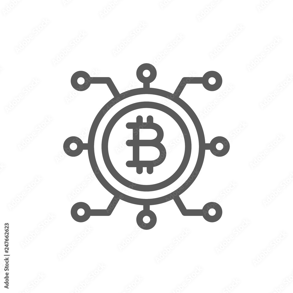 Bitcoin coin with closed contacts, blockchain line icon. Bitcoin coin with closed contacts, blockchain line icon.