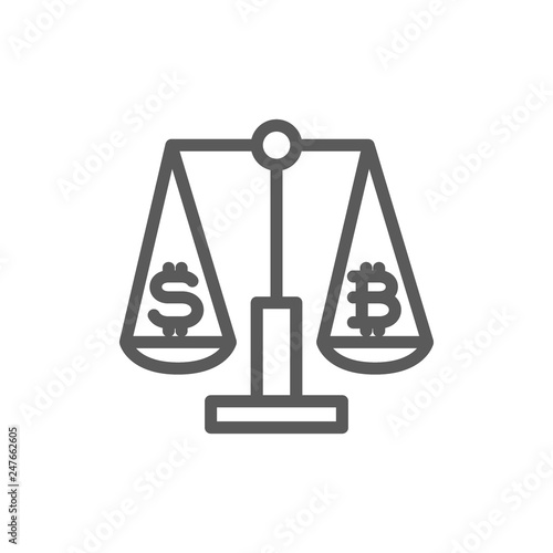Scales with dollar and bitcoin sign, crypto coin, cryptocurrency exchange line icon.