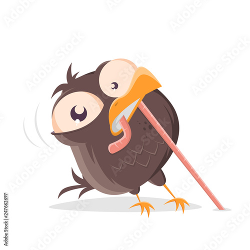 funny cartoon bird pulling a worm