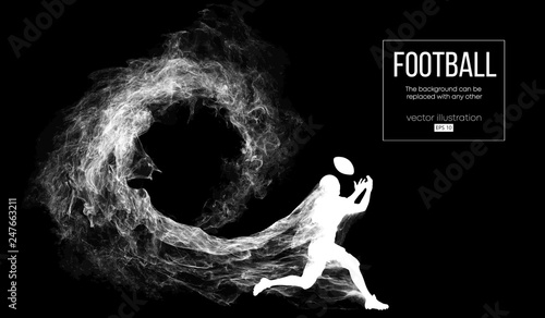 Abstract silhouette of a american football player on dark black background from particles, dust, smoke, steam. Football player running with ball. Rugby. Background can be changed to any other. Vector