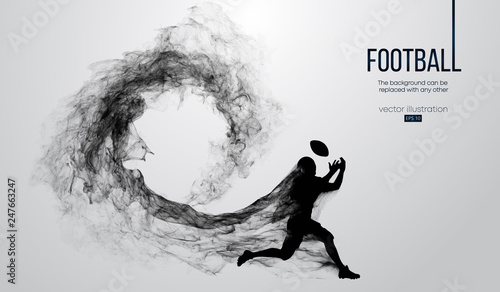 Abstract silhouette of a american football player on white background from particles, dust, smoke, steam. Football player running with ball. Rugby. Background can be changed to any other. Vector