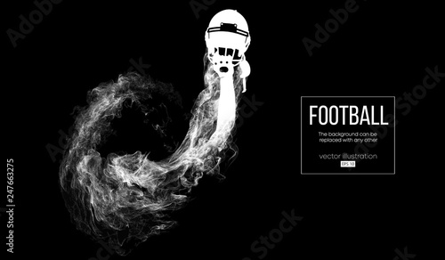 Abstract silhouette of a american football player on dark black background from particles, dust, smoke, steam. Football player holds helmet. Rugby. Background can be changed to any other. Vector
