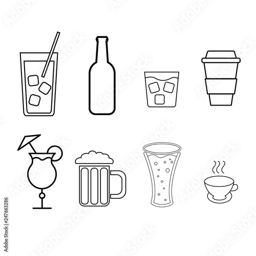 A set of simple black and white icons of alcoholic beverages for the bar, cafe: cocktails, glasses, beer, bottles, whiskey, coffee, tea on a white background. Vector illustration
