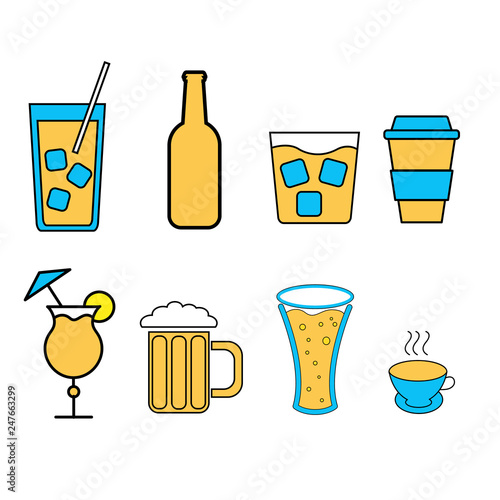 Set of simple icons of alcoholic beverages for the bar, cafe: cocktails, glasses, beer, bottles, whiskey, coffee, tea on a white background. Vector illustration