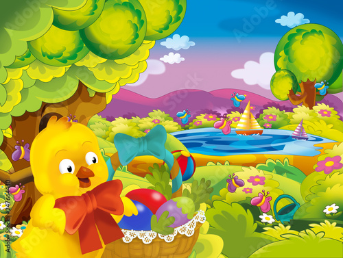 cartoon spring nature background with chick and space for text - illustration for children © honeyflavour