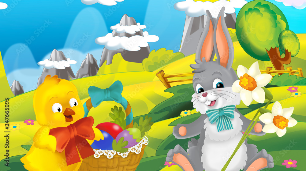 cartoon happy easter rabbit and chick with beautiful flowers on nature spring background - illustration for children cartoon happy easter rabbit and chick with beautiful flowers on nature spring background - illustration for children