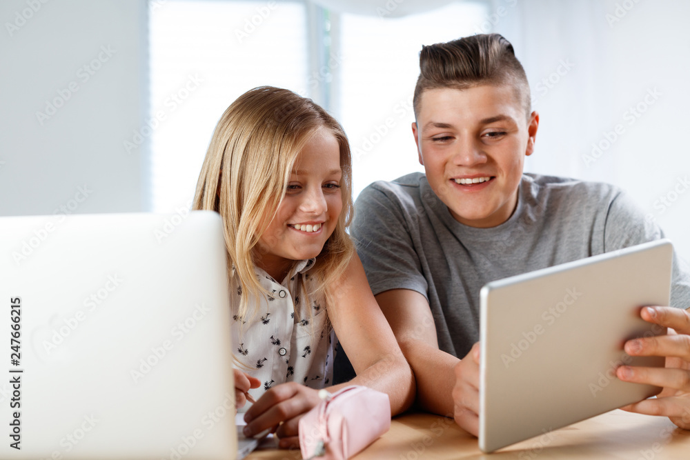 Siblings at home using digital tablet and laptop