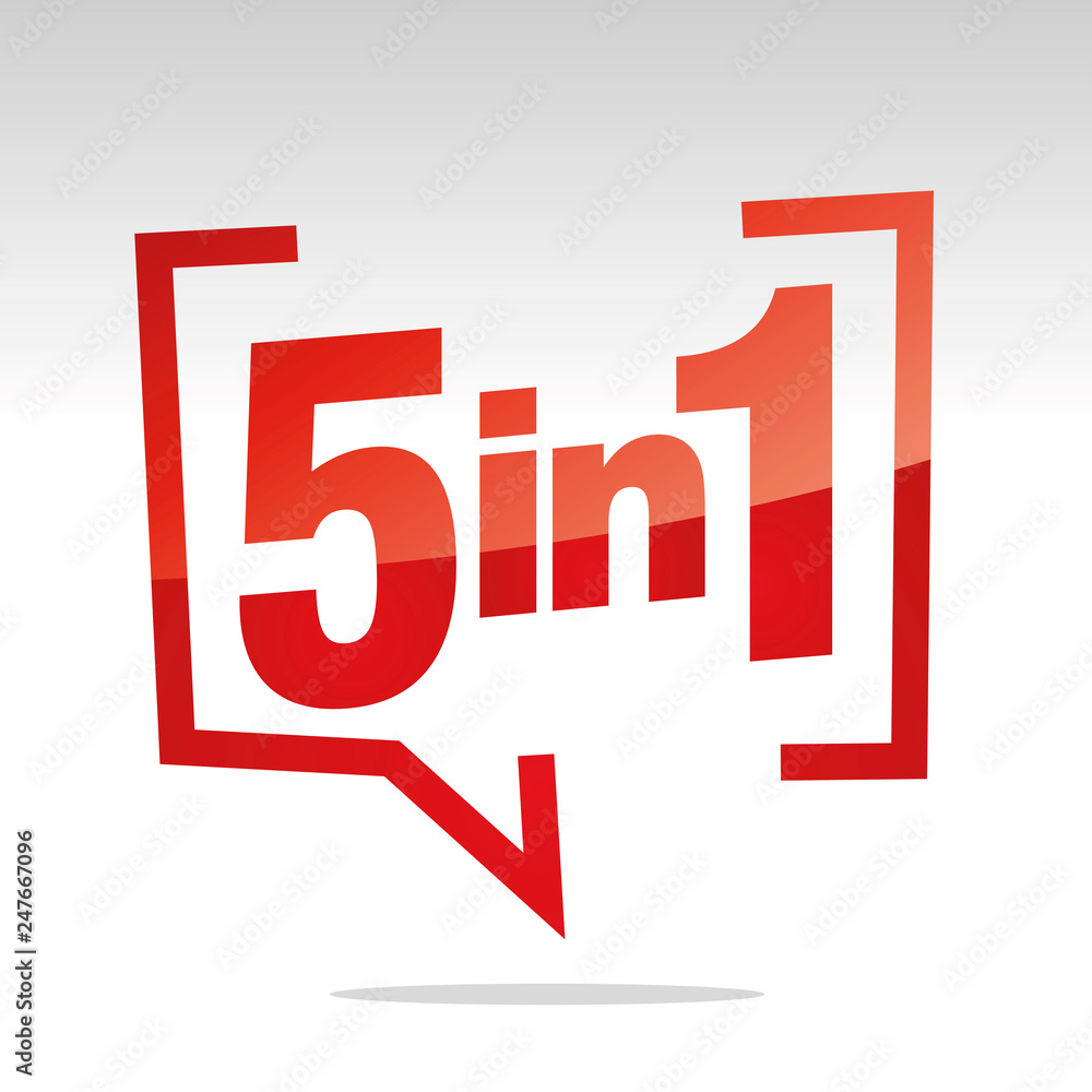 5 in 1 in brackets speech red white isolated sticker icon Stock