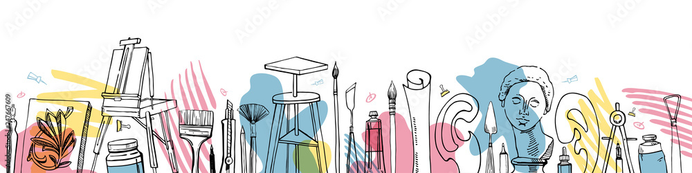 Vector artist materials in a row - hand drawn sketch. Stylized illustration with color stamps. Painting and drawing tools. Table, easel, tubes, brushes, models, pens, paints, rulers, compass