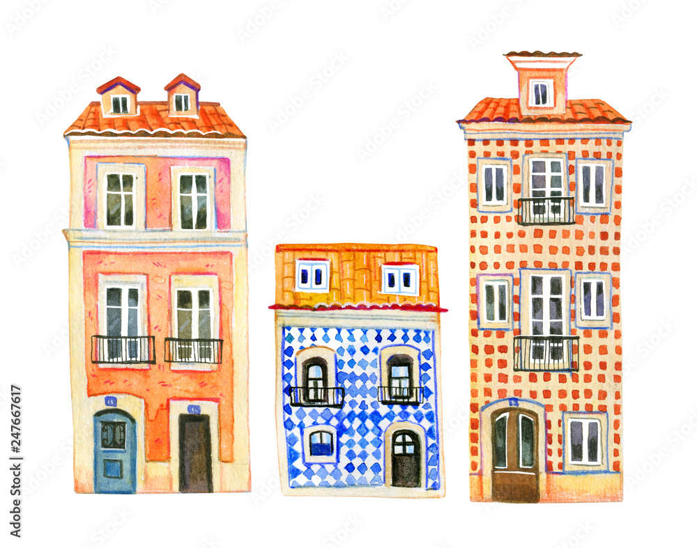 Portugal architecture. Three watercolor old stone europe houses. Hand drawn cartoon  illustration