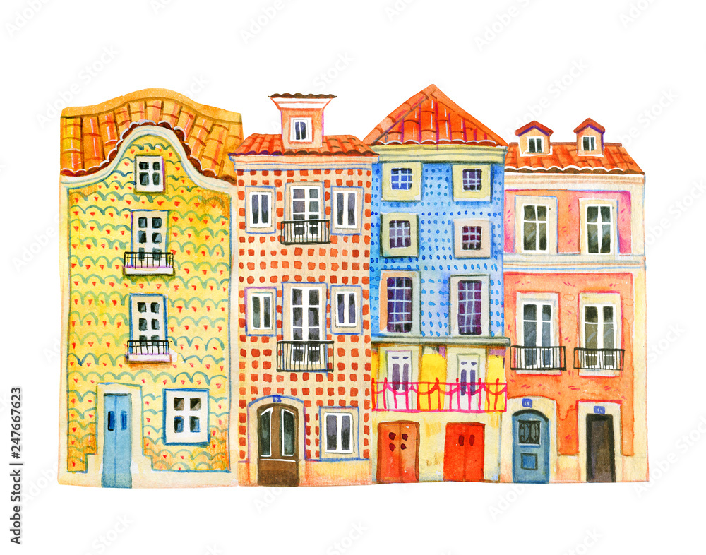 Four watercolor old stone Europe houses. Portugal architecture. Hand drawn cartoon  illustration