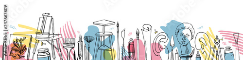 Vector artist materials in a row - hand drawn sketch. Stylized illustration with color stamps. Painting and drawing tools. Table, easel, tubes, brushes, models, pens, paints, rulers, compass