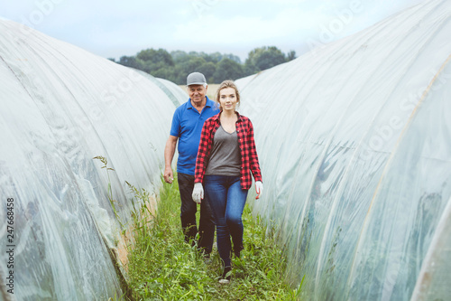 Farmer walking between greenhouses photo