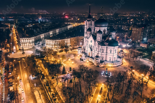 Annunciation Cathedral on Revolution Avenue in Voronezh city, Russia in night time, aerial view from drone