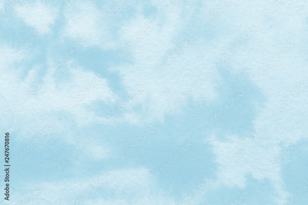 Watercolor blue texture with abstract washes and brush strokes on the white paper background. Digital paper background.