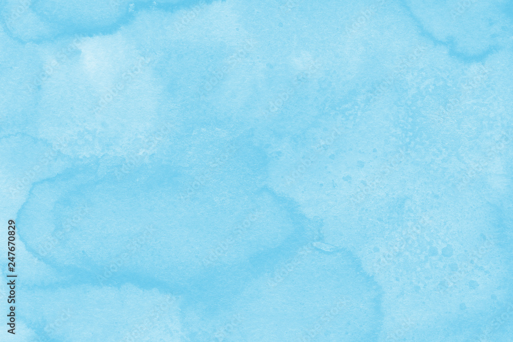 Watercolor blue texture with abstract washes and brush strokes on the white paper background. Digital paper background.