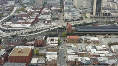 Flying towards Richmond's iconic landmark Clock Tower passing over Shockoe Bottom. photo