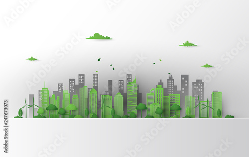 Minimal Green City Skyline with Floating Leaves