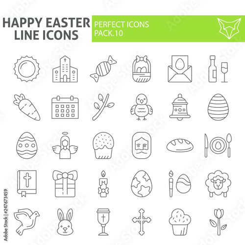 Happy easter thin line icon set, holiday symbols collection, vector sketches, logo illustrations, celebration signs linear pictograms package isolated on white background.