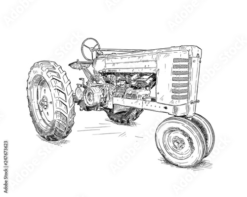 Artistic digital pen and ink drawing of old tractor. Tractor was made in Iowa, USA or US between 1934 and 1952 or 30's, 40's , 50's.
