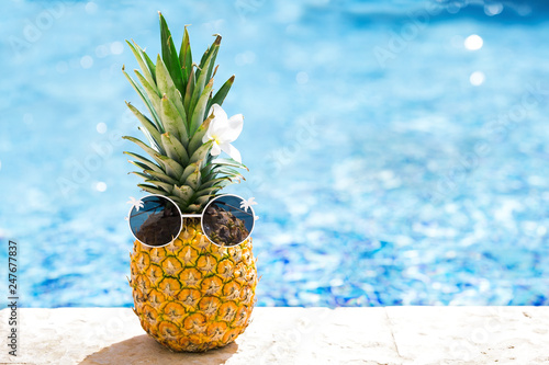 Creative food and travel concept card with hipster ananas in glasses