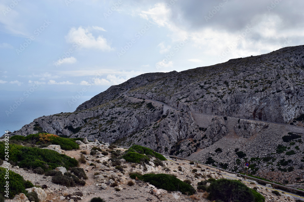 Amazing landscape when driving on an open coastal road winding through to lighthouse Cap Formentor