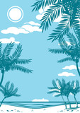 Beautiful tropical landscape with palms silhouettes and cruise ship on a horizon. Retro style drawing.
