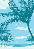 Beautiful tropical landscape with palms silhouettes and cruise ship on a horizon. Retro style drawing.