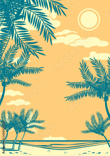 Beautiful tropical landscape with palms silhouettes and cruise ship on a horizon. Retro style drawing.
