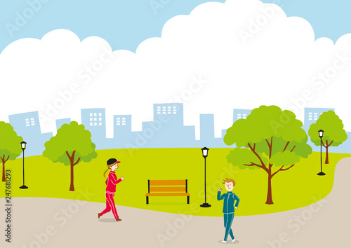 公園　運動する人々