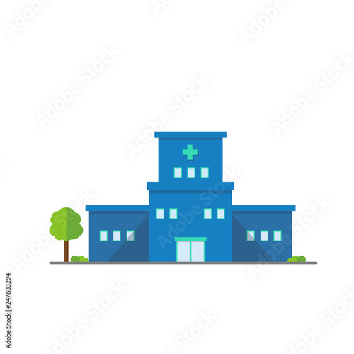Flat hospital buiding outdoor design icon.Vector illustration.Medical buiding center with tree.