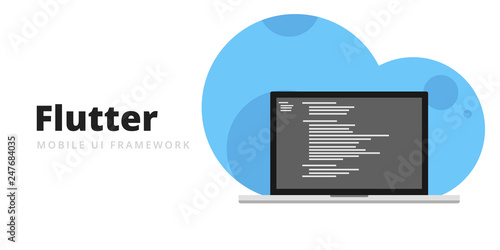 Learn to code Flutter Mobile UI Framework with script code on laptop screen, programming language code illustration - Vector