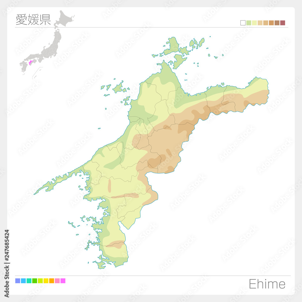 Obraz premium 愛媛県の地図（等高線・色分け）