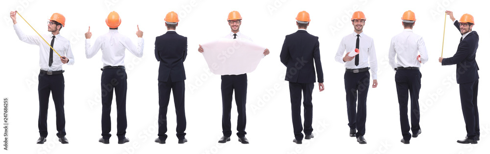 panoramic photo collage of architect expert isolated on white panoramic photo collage of architect expert isolated on white