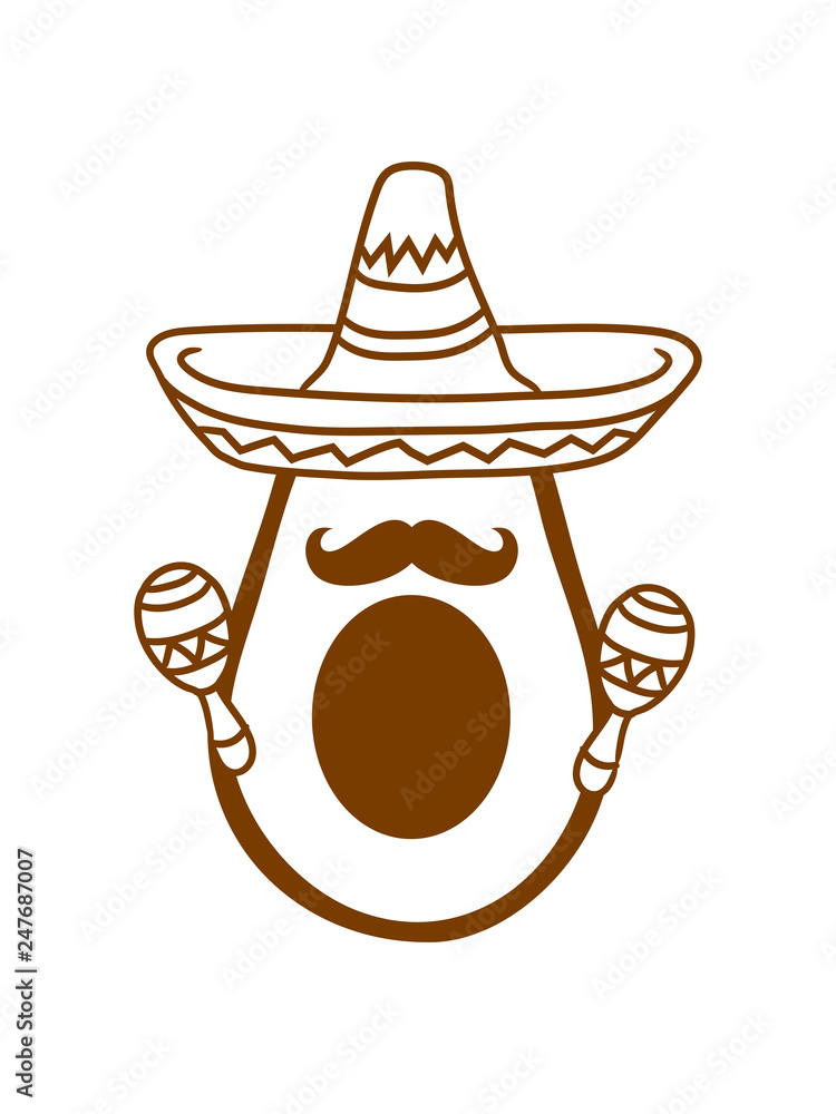 avocado mexikanische sombrero hut musik rasseln südamerika mexikaner  clipart obst gemüse lecker hunger gesund comic cartoon ernährung gesund  stein kochen essen design logo symbol Stock Illustration | Adobe Stock