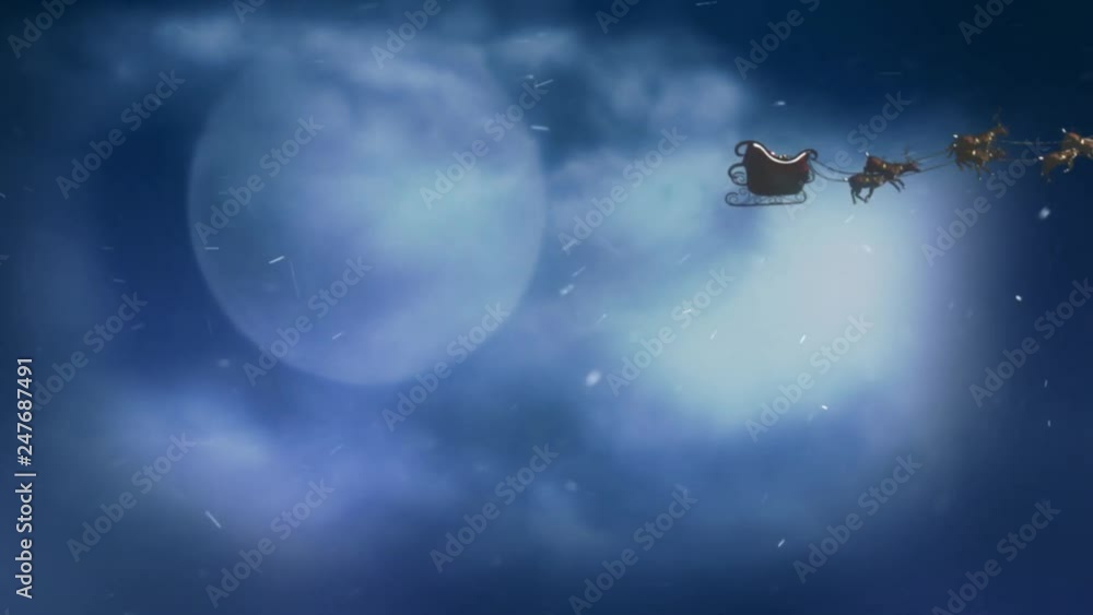 Santa Snowfall Particles Seasons Greetings 4K features a clouded full moon with a silhouette of Santa flying across and then the camera moving down to show a snowfall revealing a Season’s Greetings me Santa Snowfall Particles Seasons Greetings 4K features a clouded full moon with a silhouette of Santa flying across and then the camera moving down to show a snowfall revealing a Season’s Greetings me