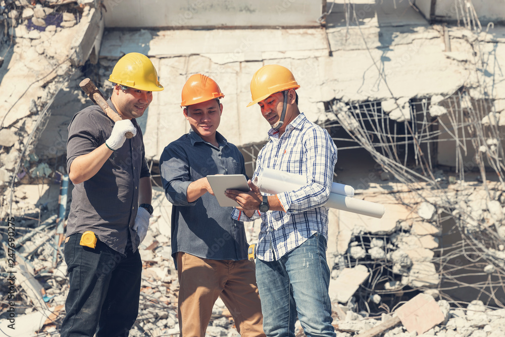 Photography Engineer architect and worker operation control demolish old building